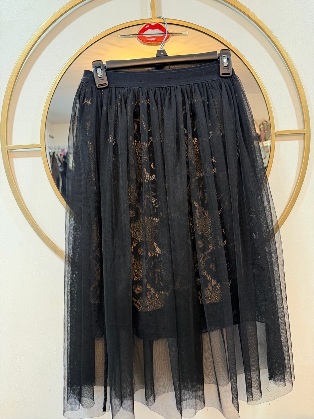 Black Lace Tulle Midi Skirt - Women